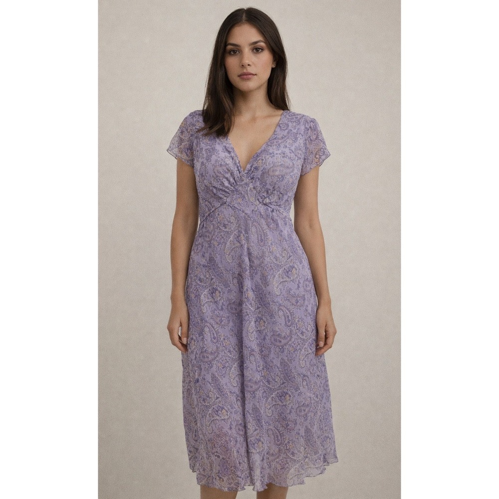 DBY Vtg 90s y2k Short Sleeve Chiffon A‎ Line Dress Floral Fairy Tie Back Cottage